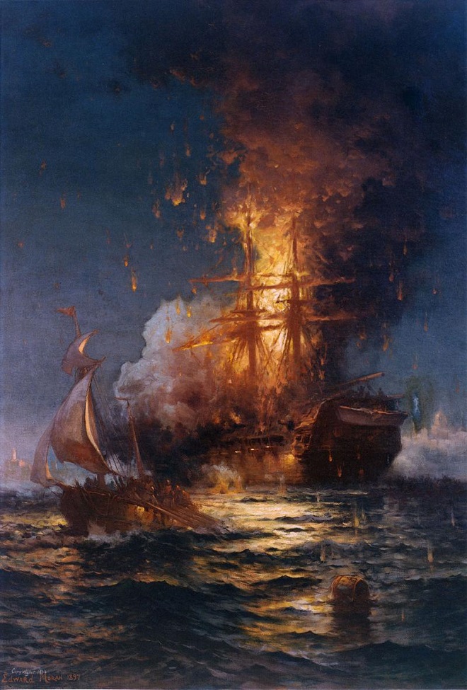 رسم تخيلي لاحتراق إحدى السفن الأميركية خلال الحرب الأميركية البربرية الأولى